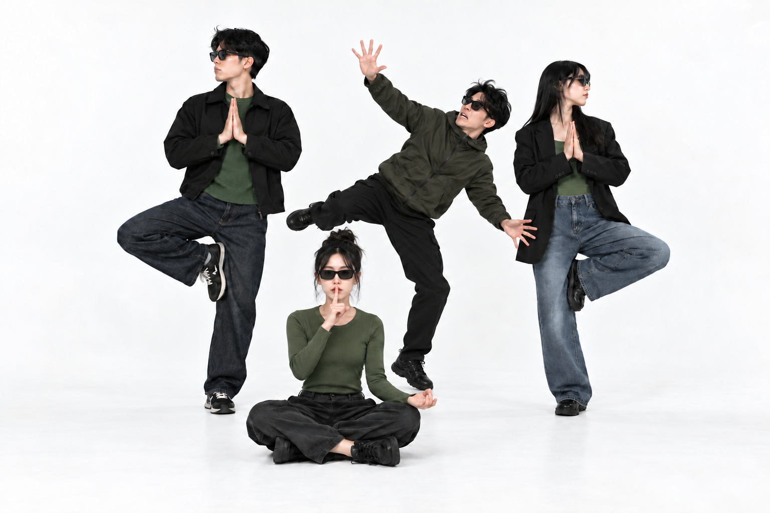 흰 배경에서 선글라스를 쓴 네 사람. 뒤의 세 명은 한 발로 서고 가운데 남성은 넘어지기 직전처럼 크게 기울어 팔을 벌리고, 앞의 여성은 가부좌로 앉아 정면을 바라보며 검지를 입술에 대고 쉿 하는 단체 사진